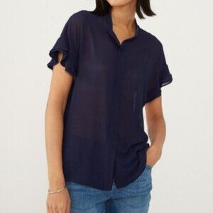 New Brian Bailey Navy Blue Sheer Flutter Sleeve Blouse Size Large bin 1D